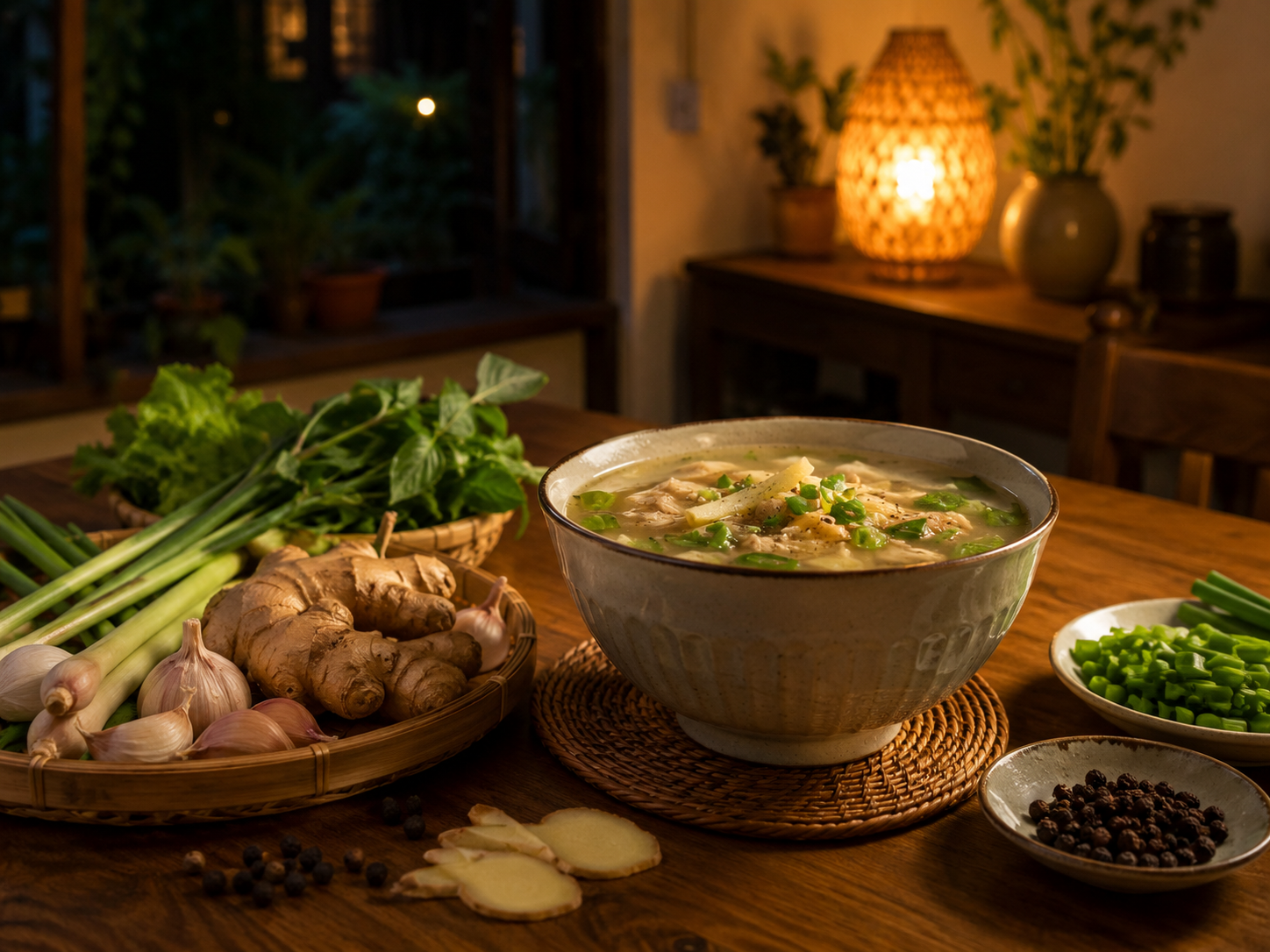 Vị cay ấm buổi tối từ gừng tiêu tỏi sả và hành