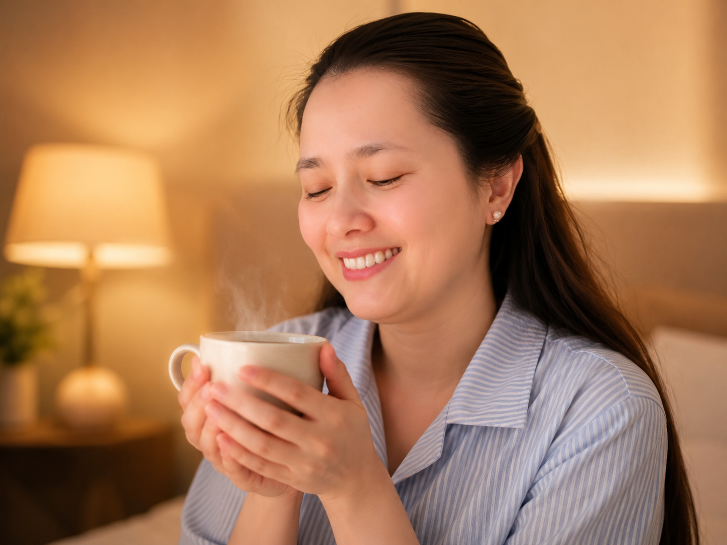 Hồng Gấm cầm ly nước ấm trước khi ngủ để quan sát cơ thể