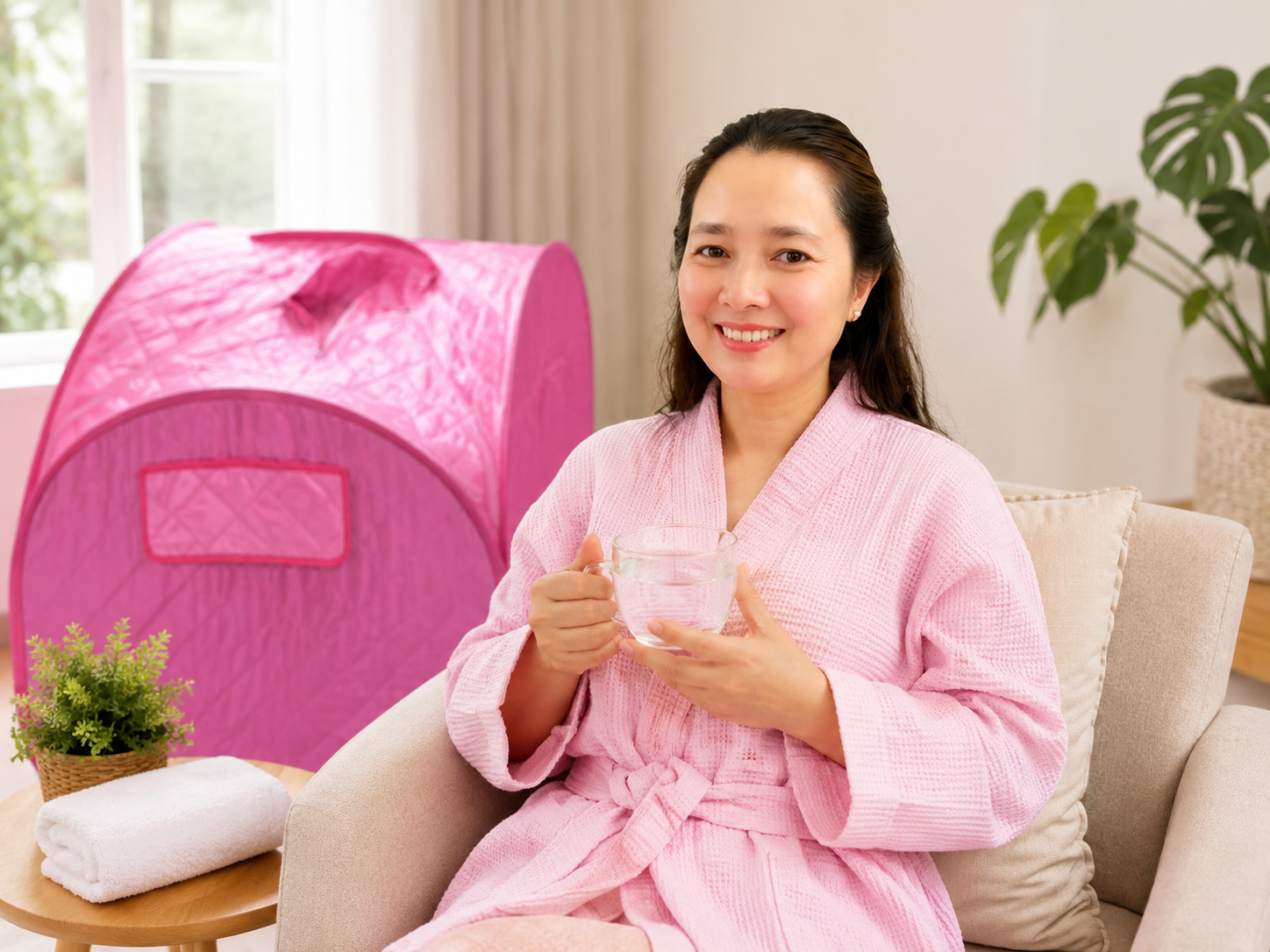 Nghỉ ngơi sau khi xông hơi bằng lều và uống nước ấm