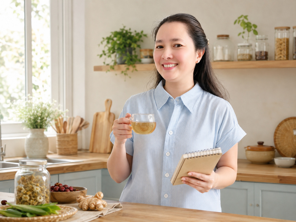Hồng Gấm trong căn bếp ấm áp, cầm ly nước ấm và cuốn sổ, bắt đầu hành trình Dinh Dưỡng Cân Bằng qua từng bữa ăn.